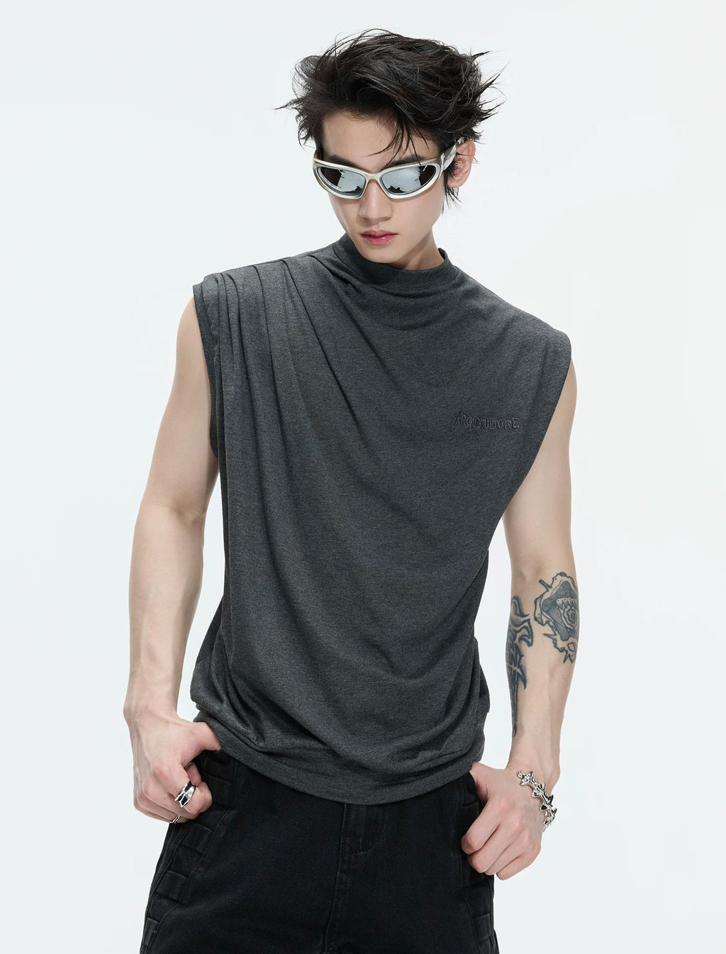 Embroidered Relaxed Tank Top — Gray - Top — styling view 3