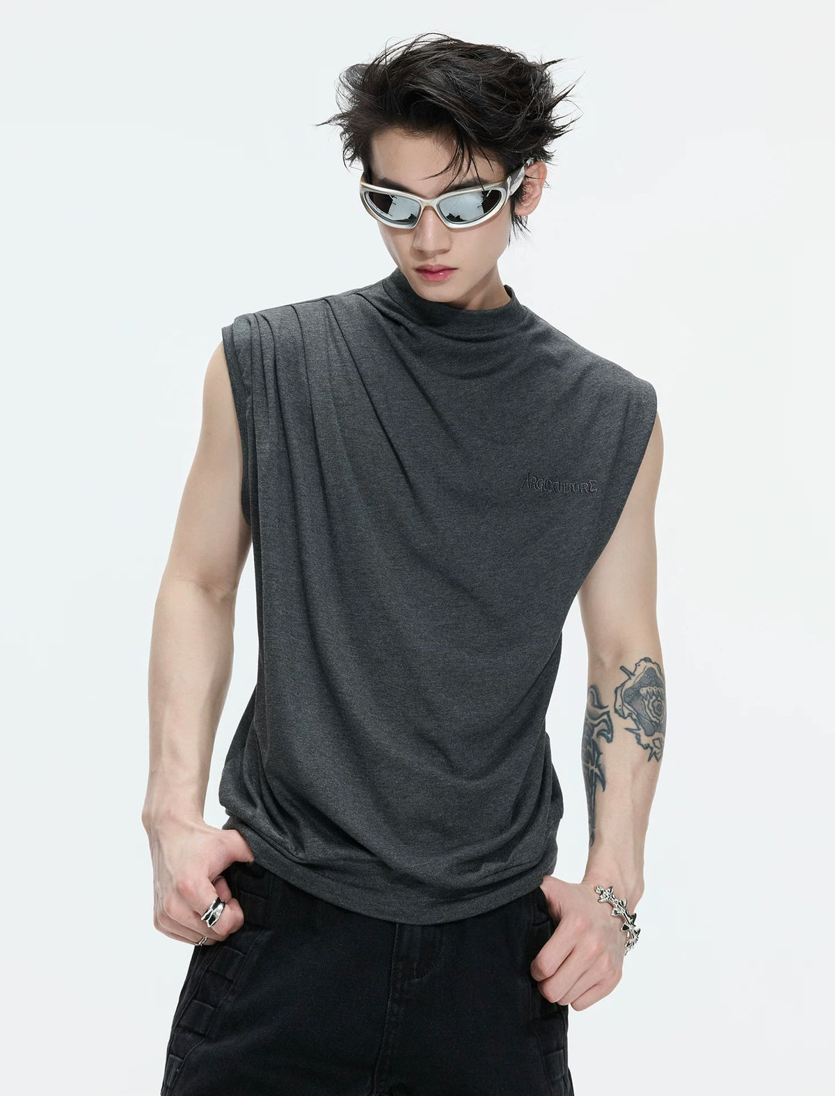 Embroidered Relaxed Tank Top — Gray - Top — styling view 3