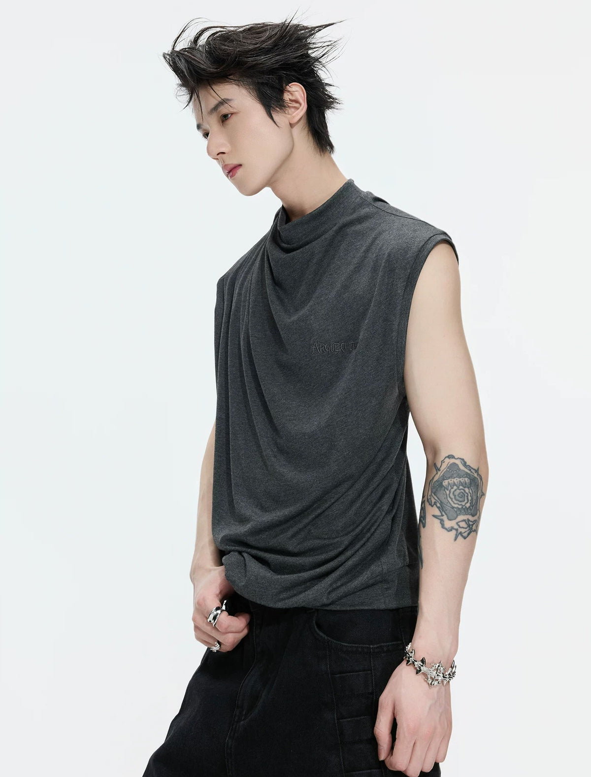 Embroidered Relaxed Tank Top — Gray - Top — styling view 5