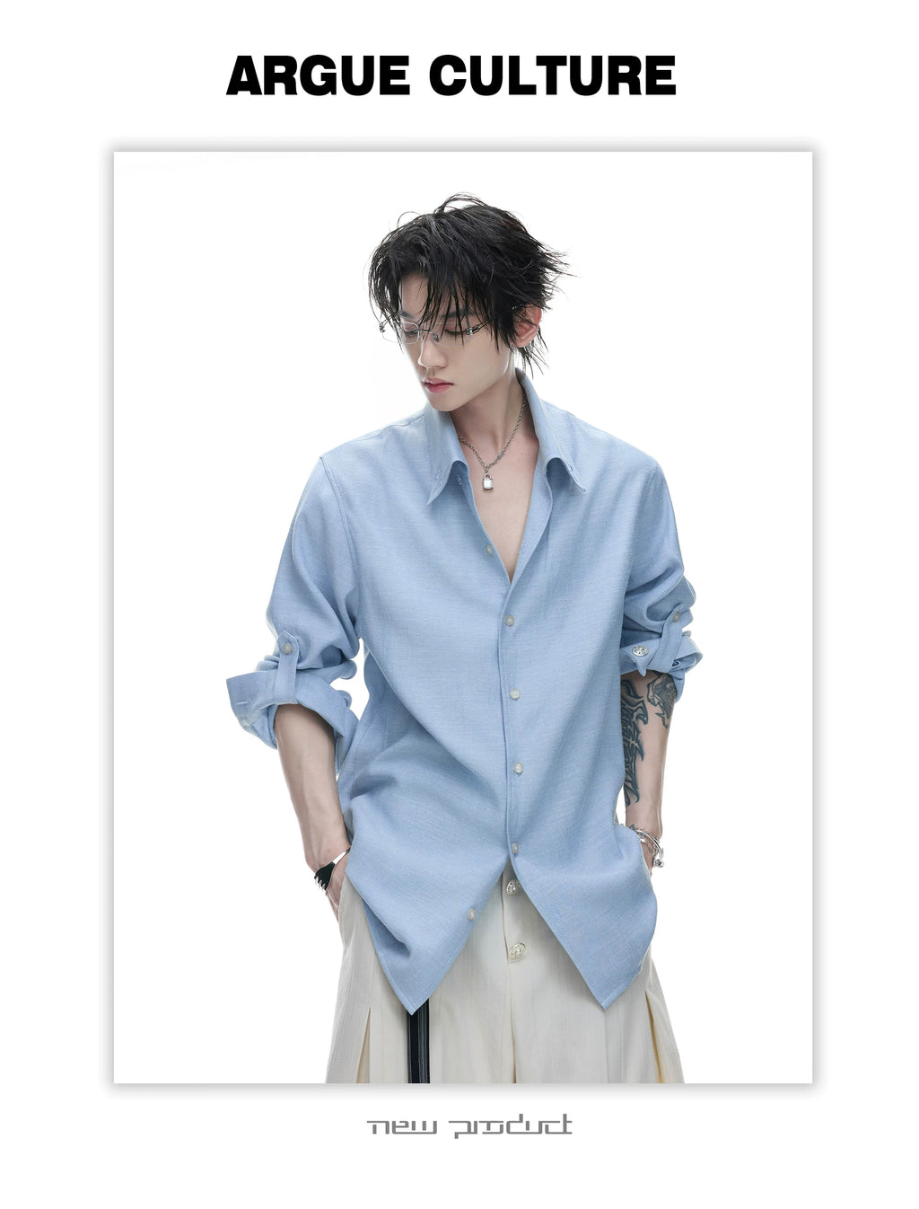 Textured Relaxed Shirt — Blue — styling view 2