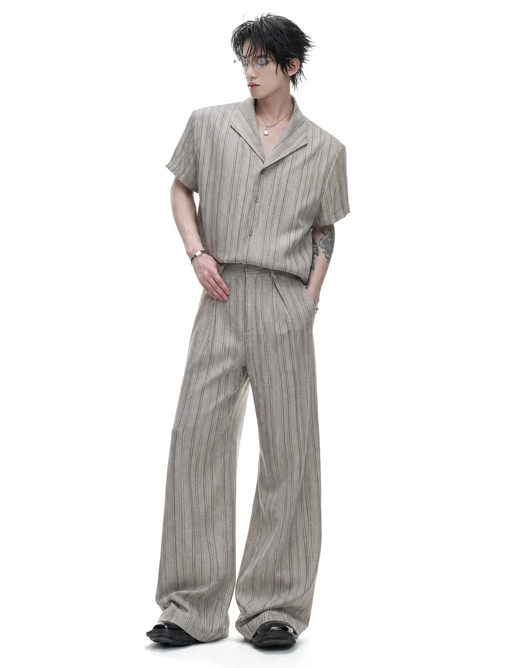 Cuban-Collar Stripe Shirt and Pants Set — Khaki - Top / Khaki - Pants — styling