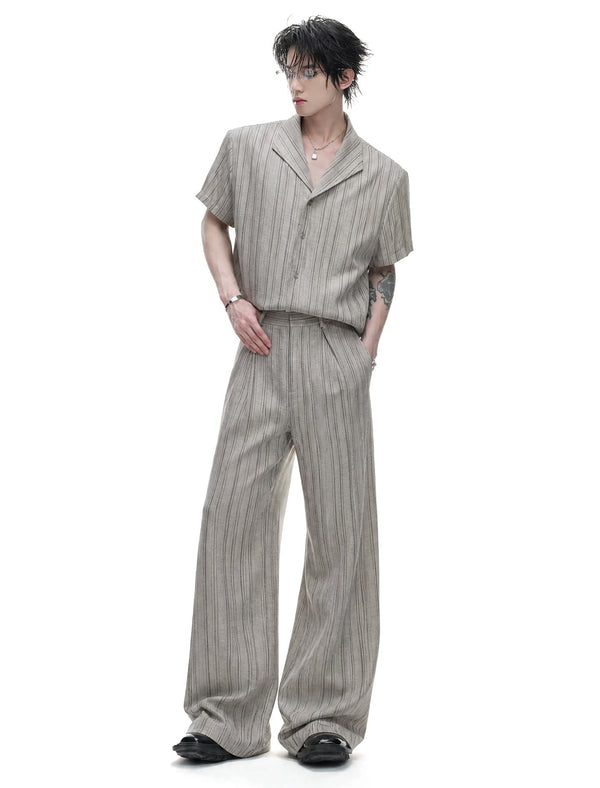 Cuban-Collar Stripe Shirt and Pants Set — Khaki - Top / Khaki - Pants — styling