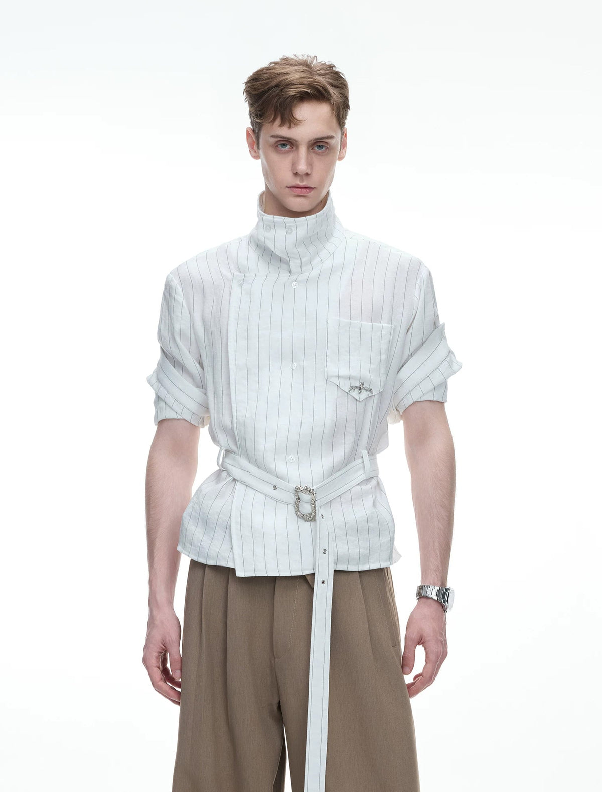 Asymmetric Tie-Waist Stripe Shirt — White — styling view 3
