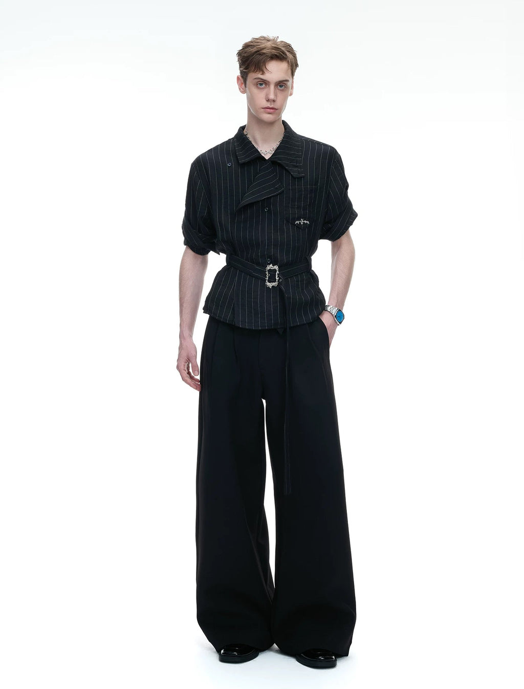 Asymmetric Tie-Waist Stripe Shirt — Black — styling view 5