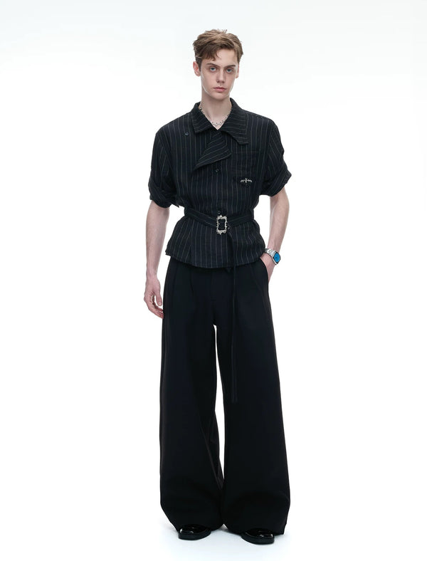 Asymmetric Tie-Waist Stripe Shirt — Black — styling view 5