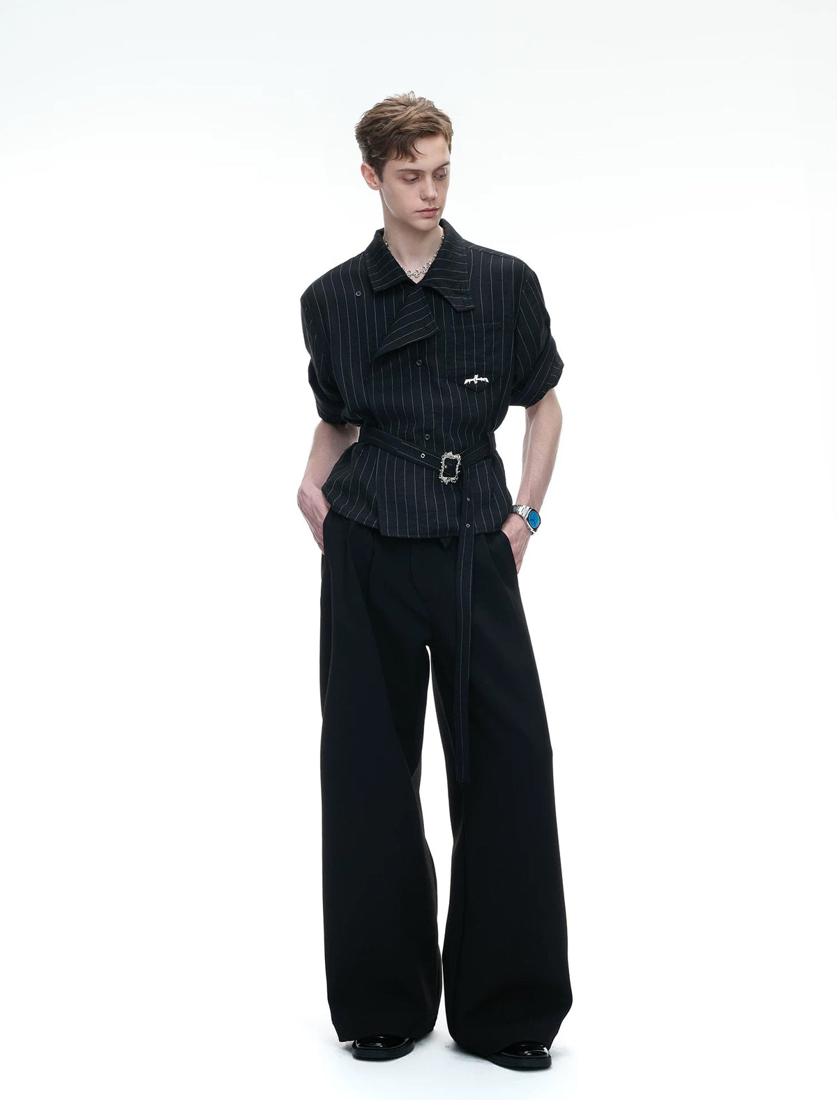Asymmetric Tie-Waist Stripe Shirt — Black — styling view 6