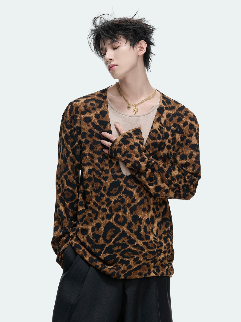 Layered Deep-V Leopard Long-Sleeve Top — Option 1 - Top — styling view 3