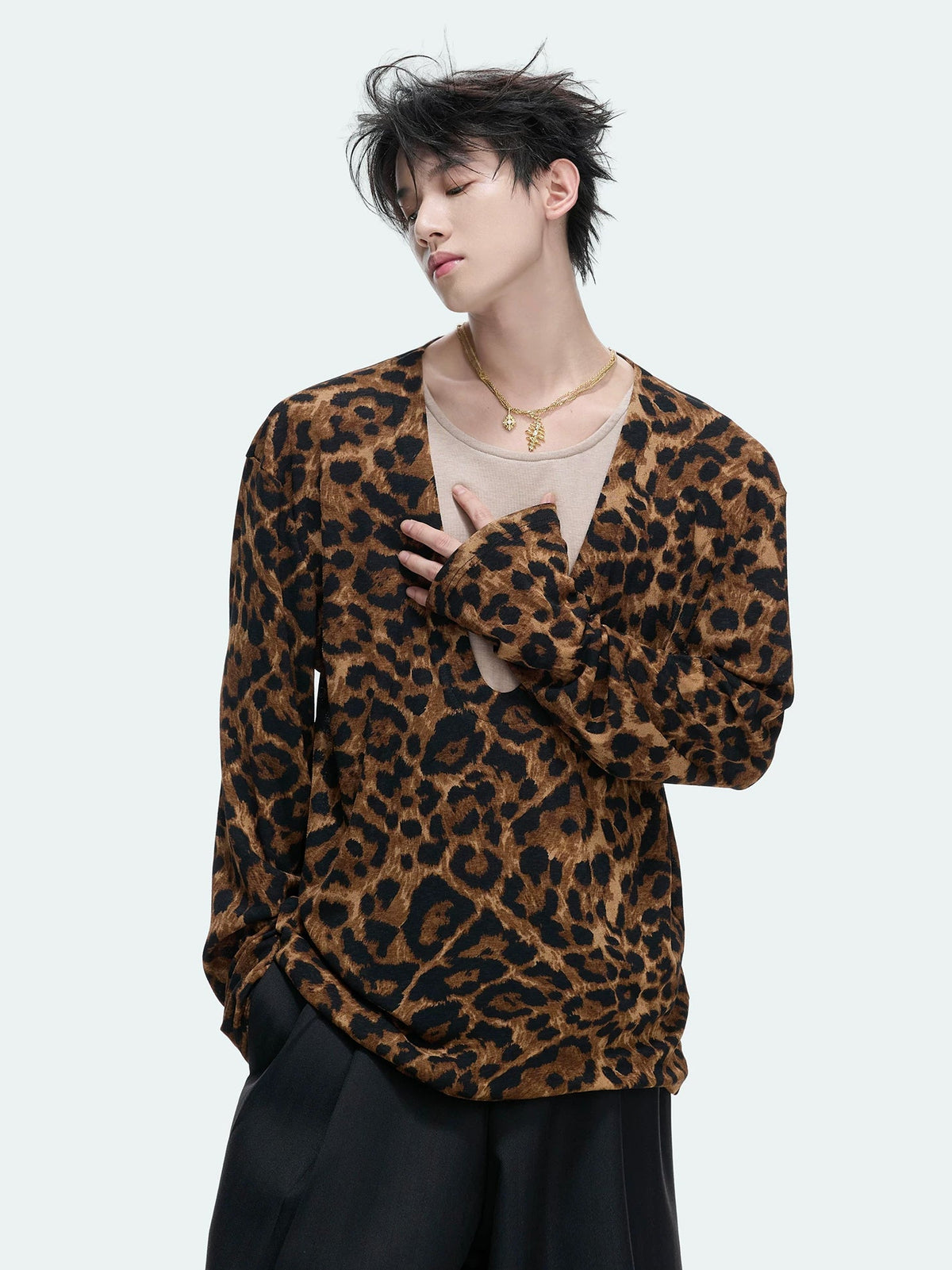 Layered Deep-V Leopard Long-Sleeve Top — Option 1 - Top — styling view 3