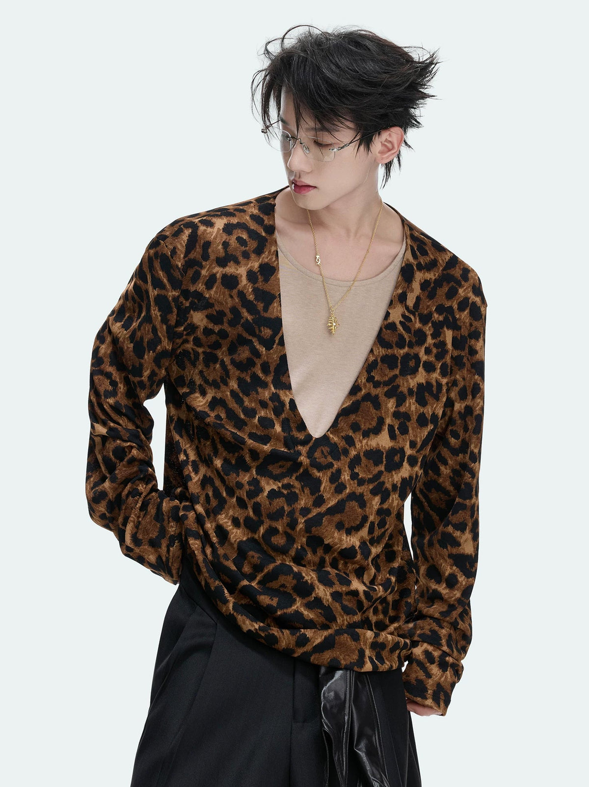 Layered Deep-V Leopard Long-Sleeve Top — Option 1 - Top — styling view 4