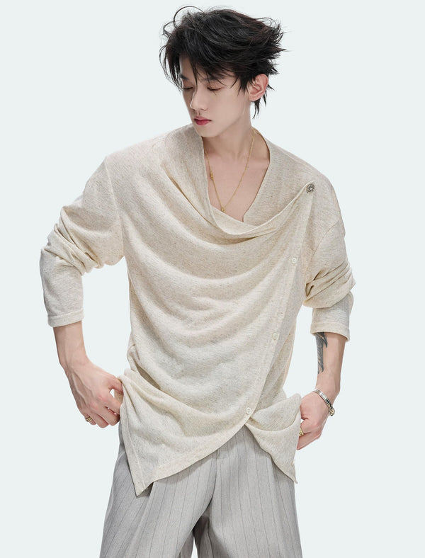 Asymmetric-Button Textured Long-Sleeve Top — Linen - Top — styling view 2
