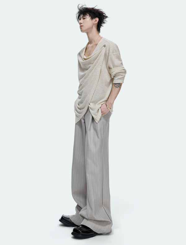 Asymmetric-Button Textured Long-Sleeve Top — Linen - Top — styling view 3