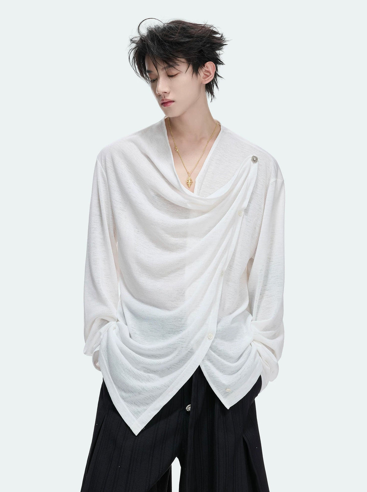 Asymmetric-Button Textured Long-Sleeve Top — White - Top — styling view 1