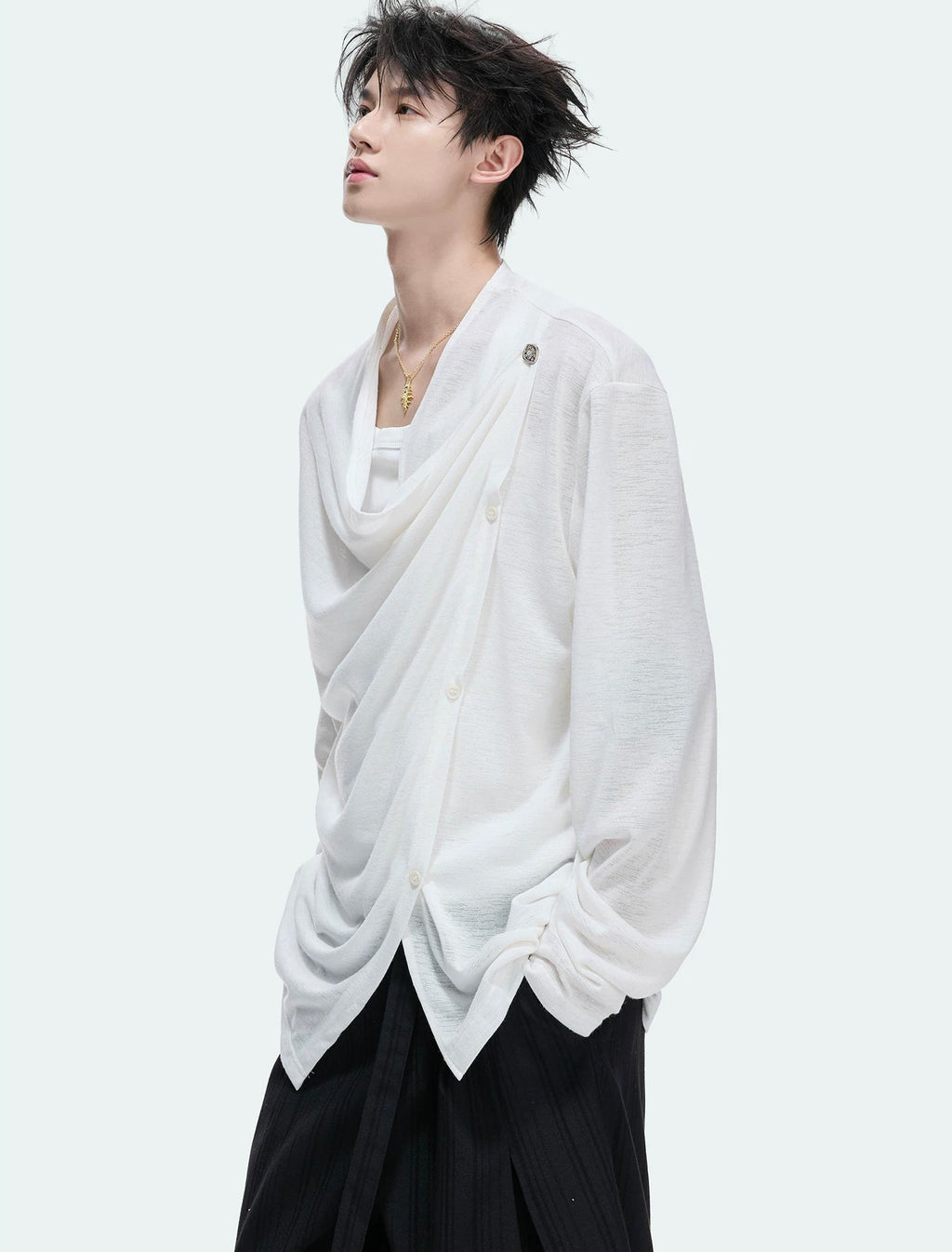 Asymmetric-Button Textured Long-Sleeve Top — White - Top — styling view 2