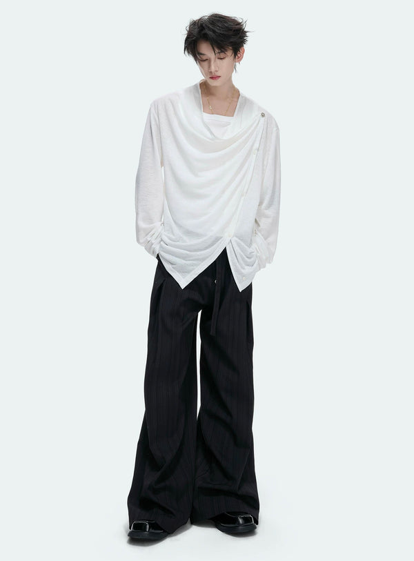 Asymmetric-Button Textured Long-Sleeve Top — White - Top — styling view 3