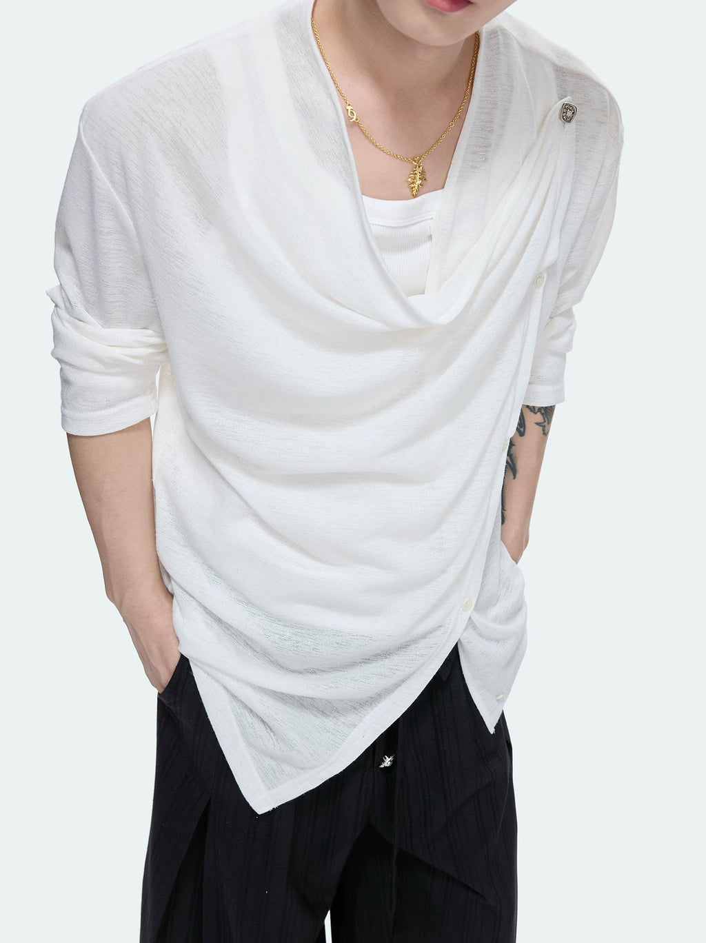 Asymmetric-Button Textured Long-Sleeve Top — White - Top — detail