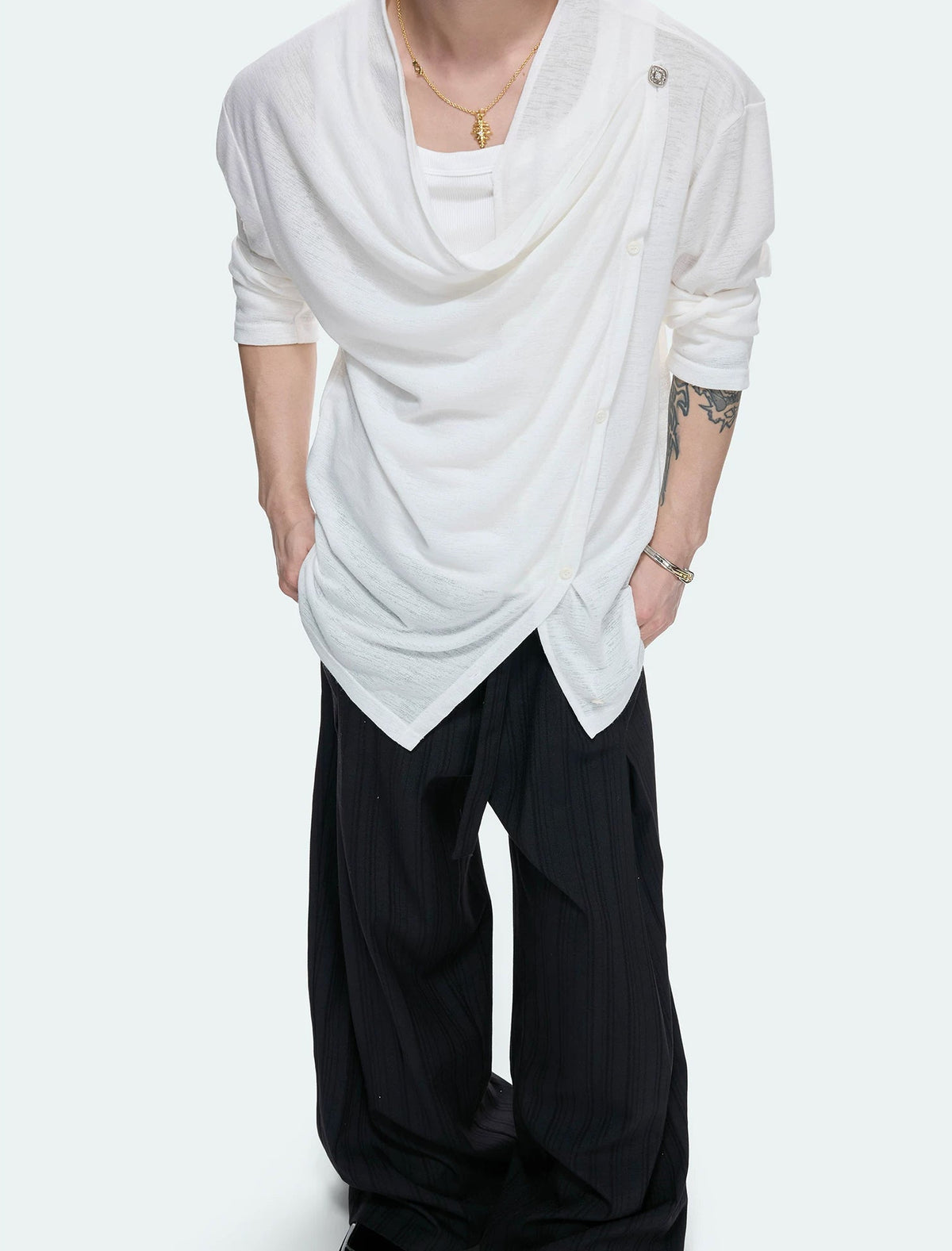 Asymmetric-Button Textured Long-Sleeve Top — White - Top — styling view 4
