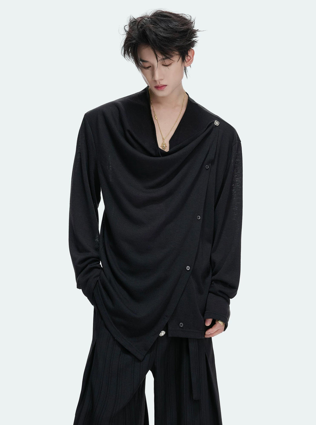 Asymmetric-Button Textured Long-Sleeve Top — Black - Top — styling view 1