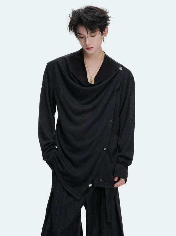 Asymmetric-Button Textured Long-Sleeve Top — Black - Top — styling view 1