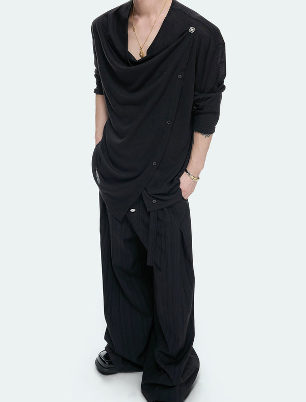 Asymmetric-Button Textured Long-Sleeve Top — Black - Top — styling view 2