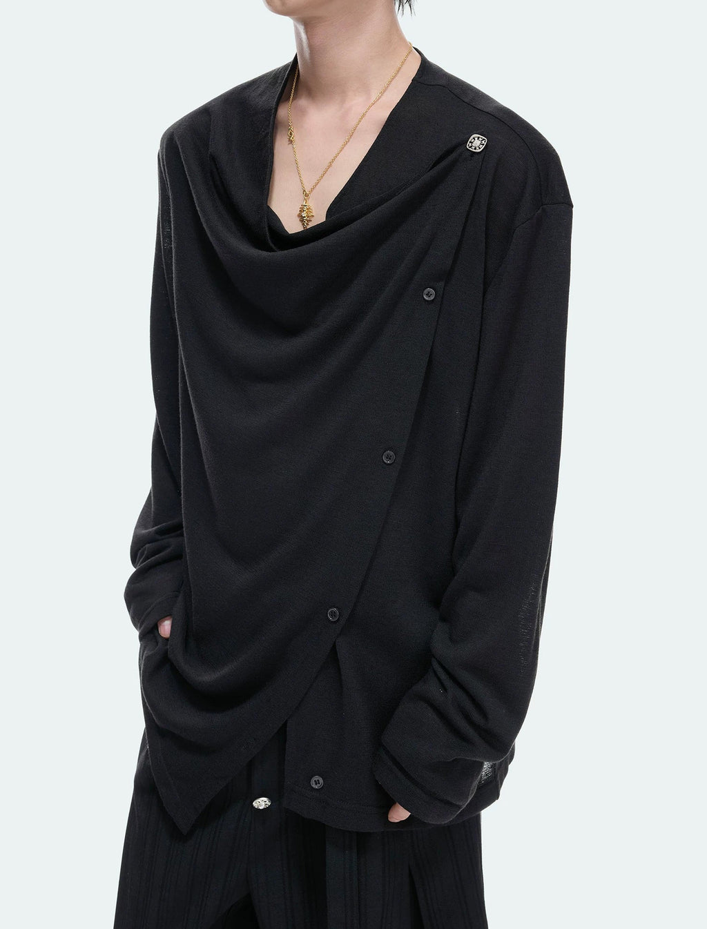 Asymmetric-Button Textured Long-Sleeve Top — Black - Top — detail