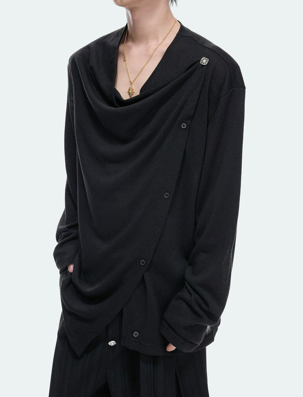 Asymmetric-Button Textured Long-Sleeve Top — Black - Top — detail