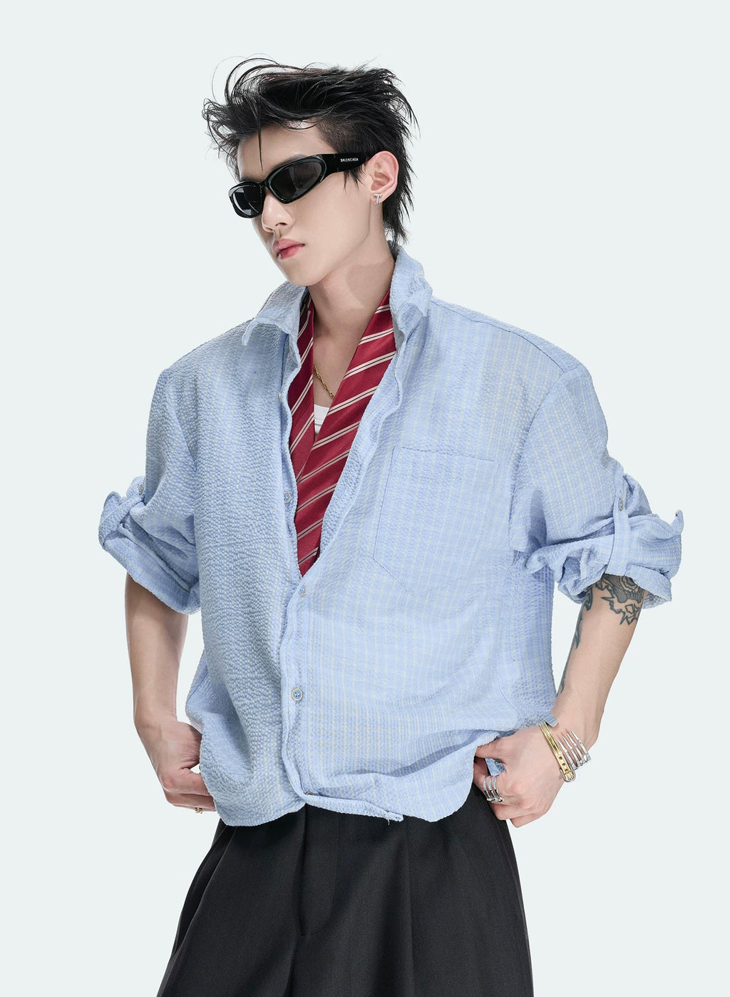 Drawstring-Hem Textured Check Shirt — Blue - Top — styling view 3
