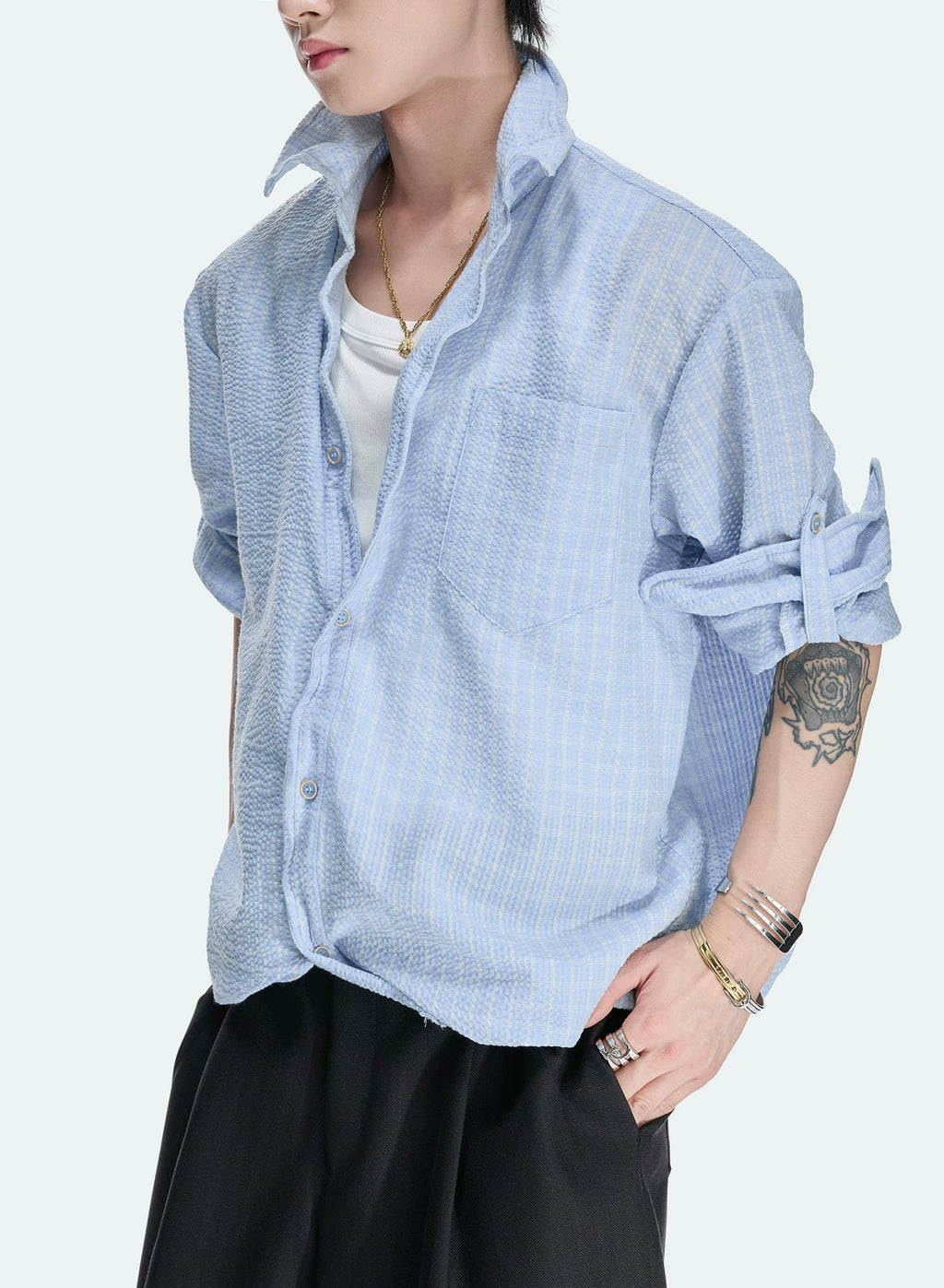 Drawstring-Hem Textured Check Shirt — Blue - Top — detail view 2
