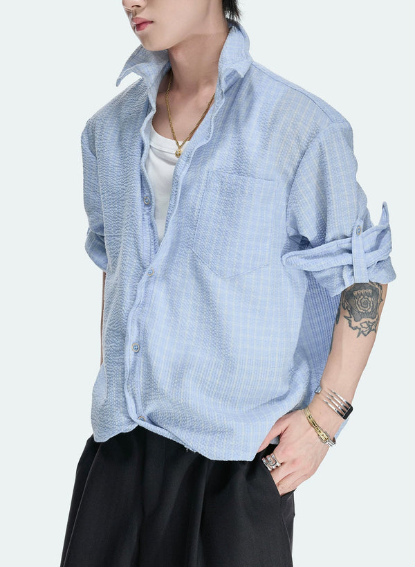 Drawstring-Hem Textured Check Shirt — Blue - Top — detail view 2