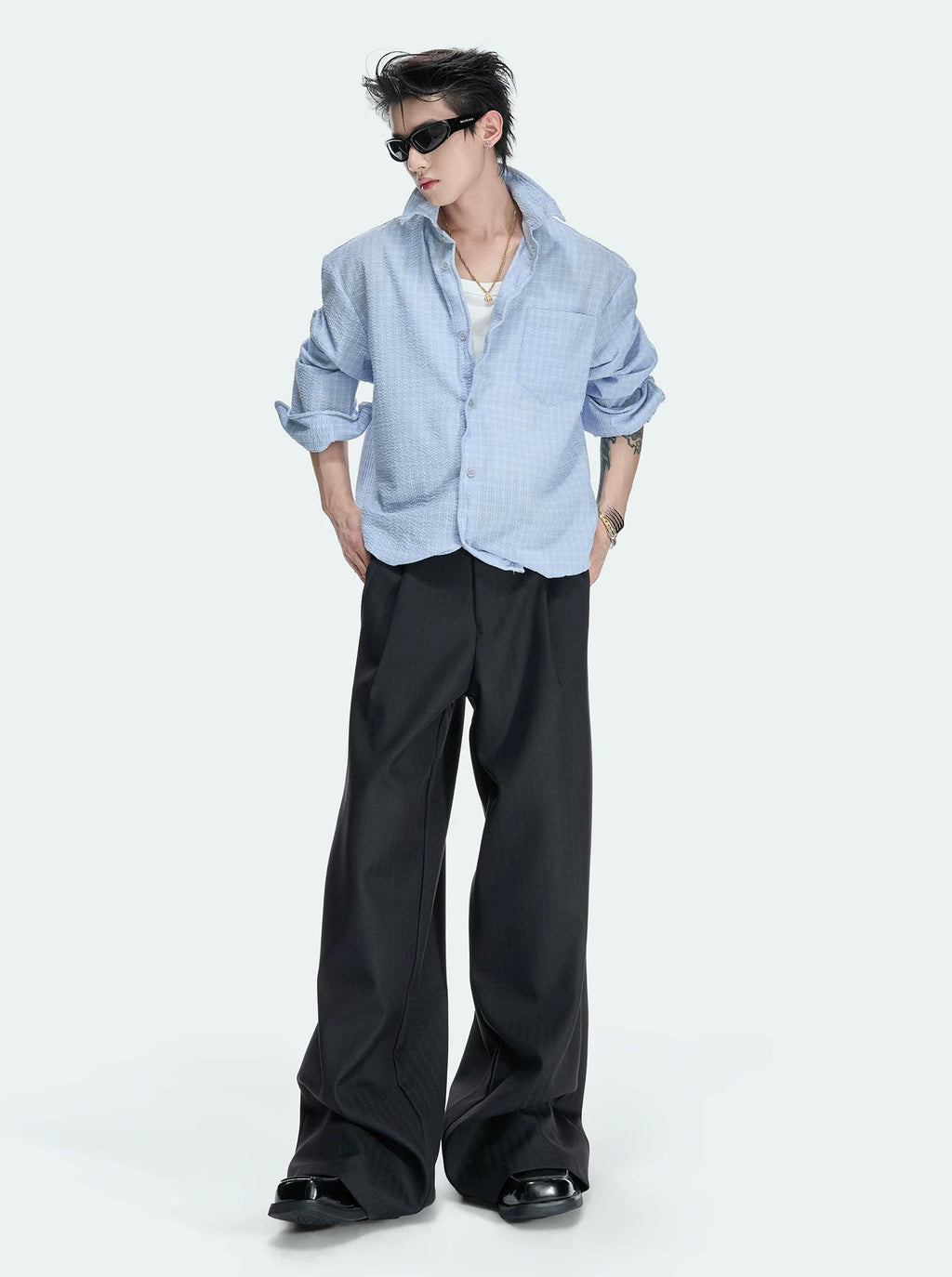 Drawstring-Hem Textured Check Shirt — Blue - Top — styling view 5