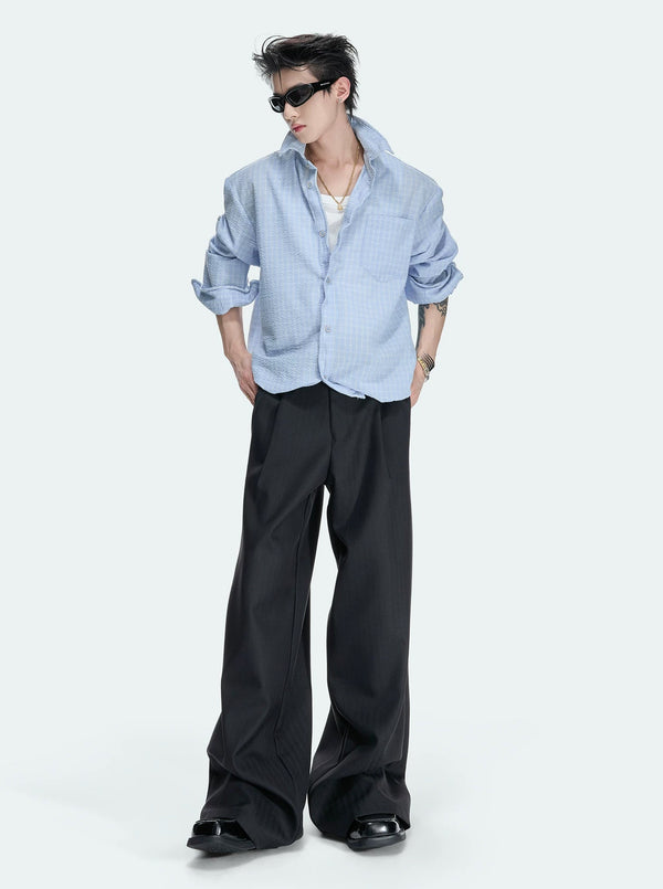 Drawstring-Hem Textured Check Shirt — Blue - Top — styling view 5