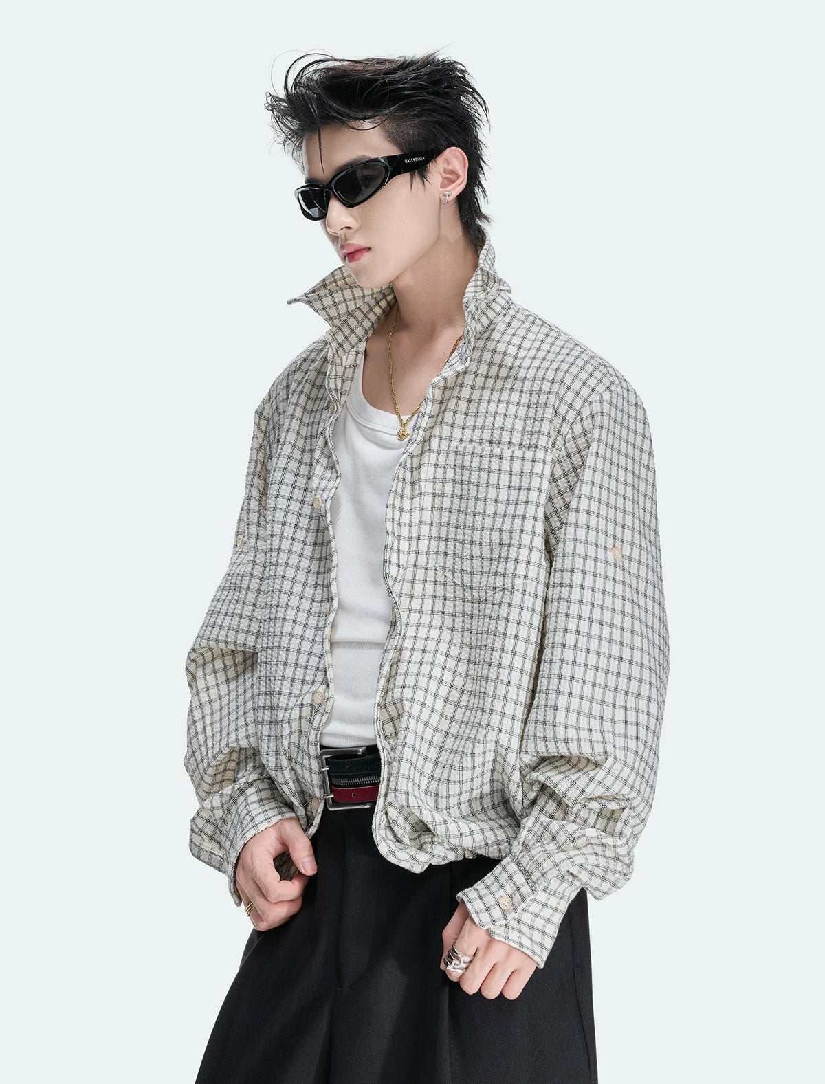 Drawstring-Hem Textured Check Shirt — Gray - Top — styling view 1