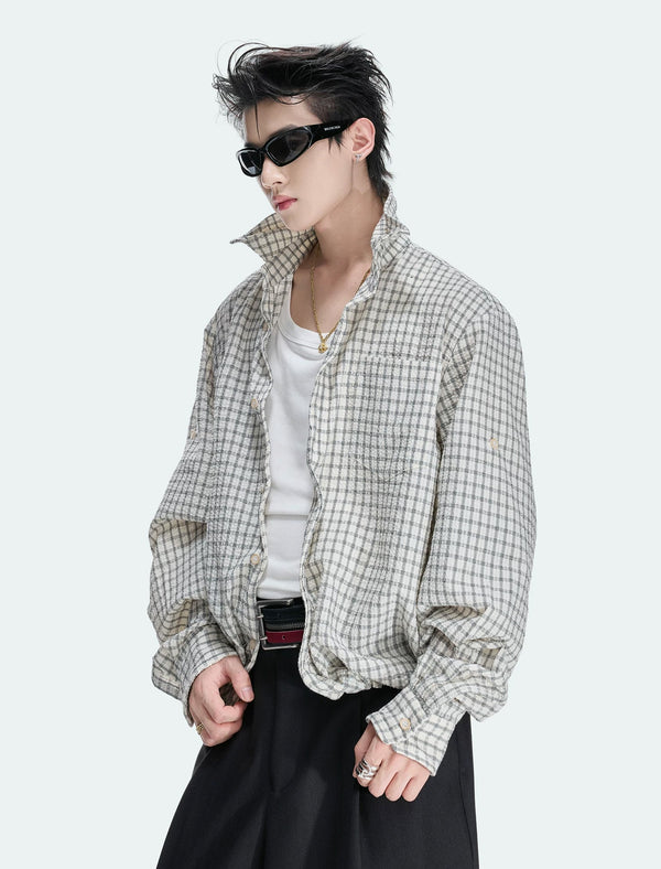 Drawstring-Hem Textured Check Shirt — Gray - Top — styling view 1