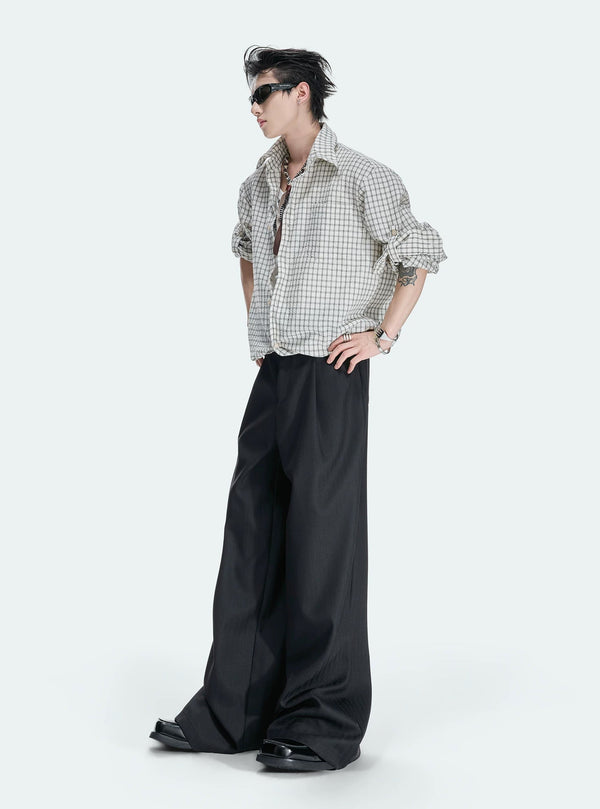 Drawstring-Hem Textured Check Shirt — Gray - Top — styling view 3