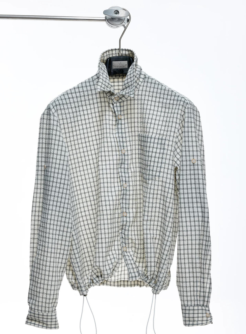 Drawstring-Hem Textured Check Shirt — Gray - Top — styling view 4