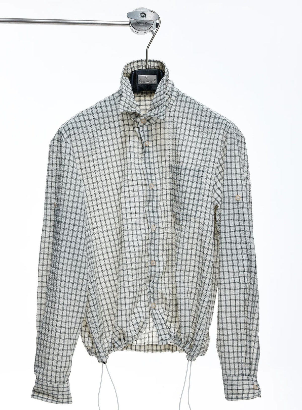 Drawstring-Hem Textured Check Shirt — Gray - Top — styling view 4