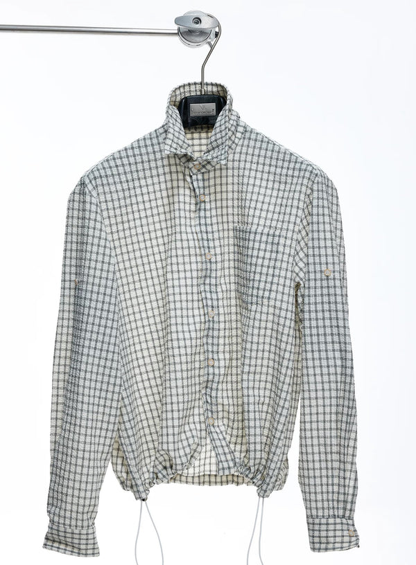 Drawstring-Hem Textured Check Shirt — Gray - Top — styling view 4