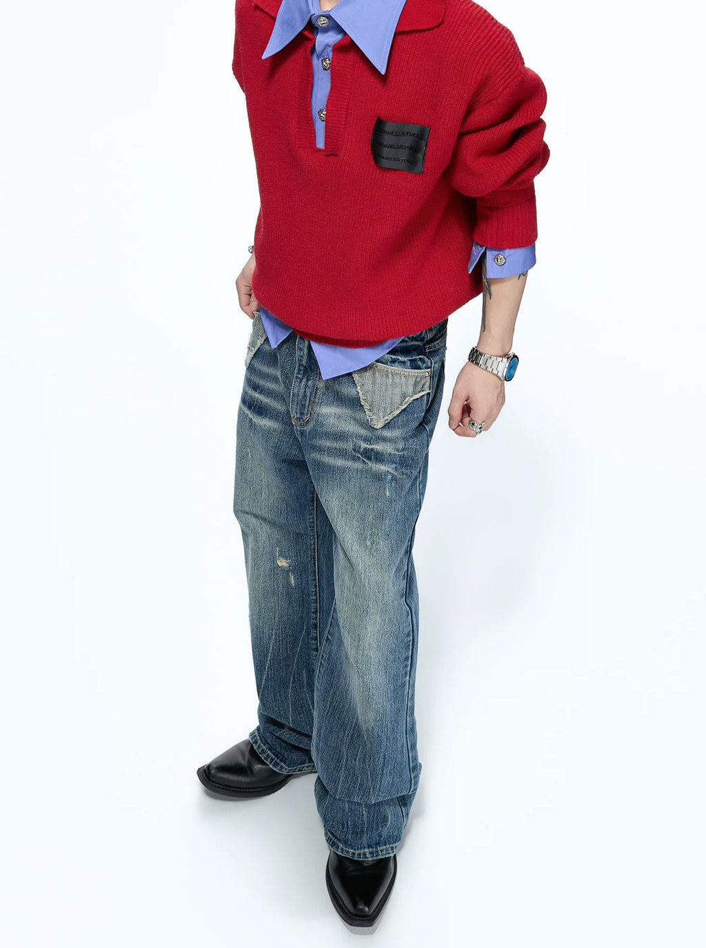 Distressed Flared Jeans — Blue - Pants — styling view 7