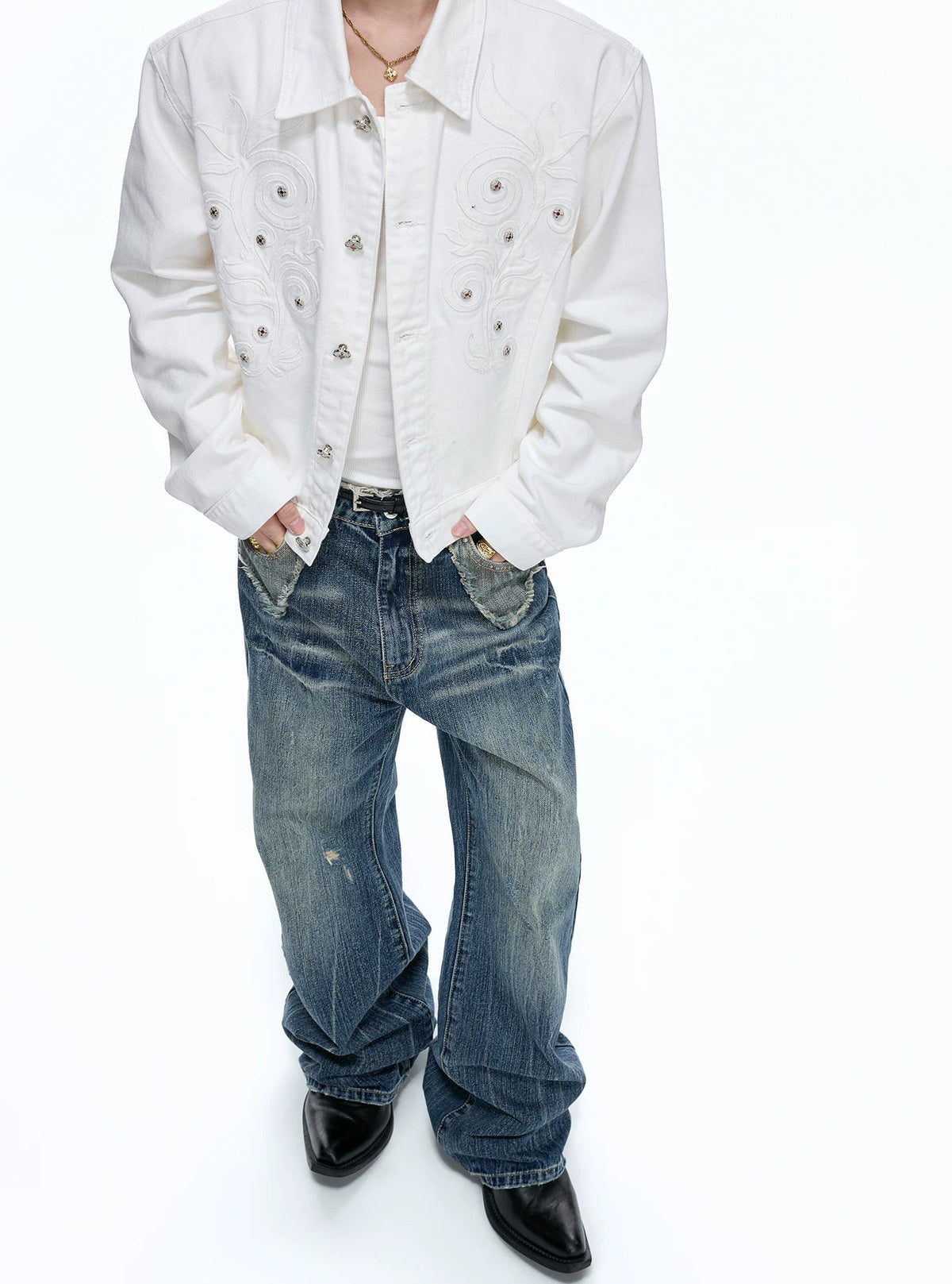 Distressed Flared Jeans — Blue - Pants — styling view 8