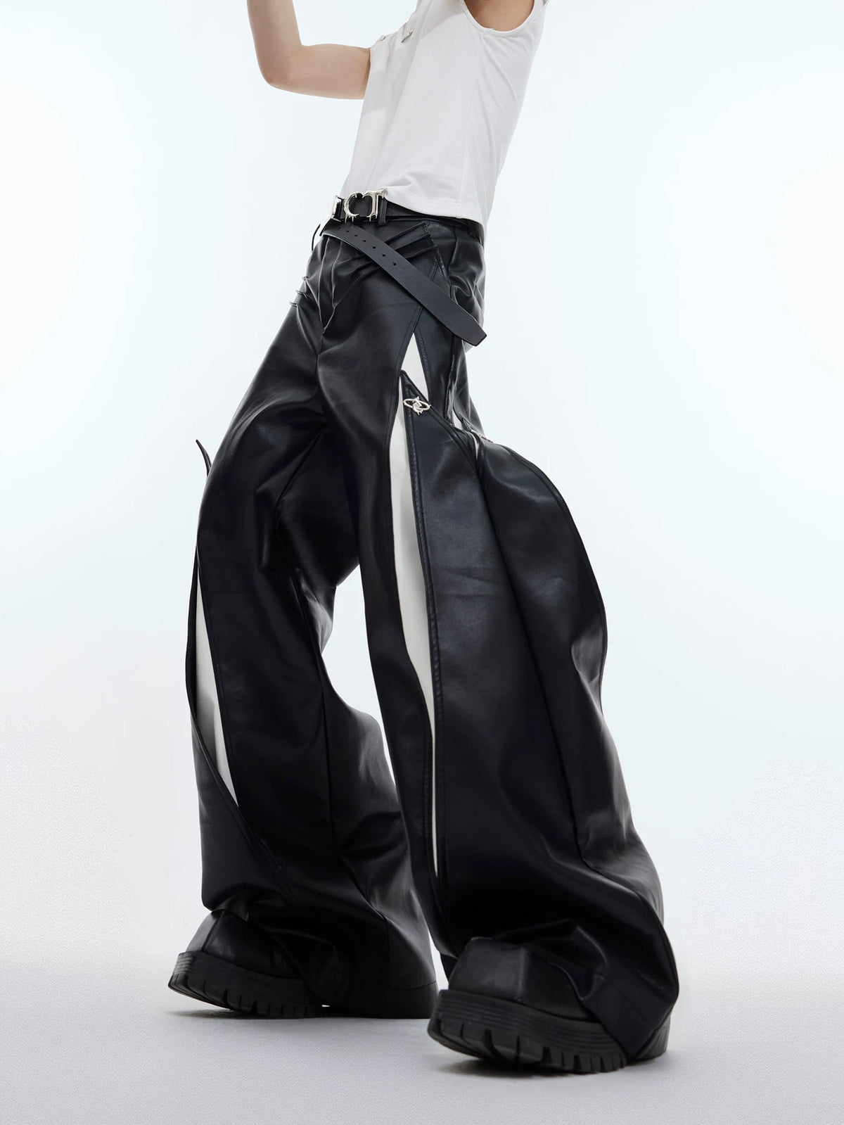 Metal-Button Panelled Wide-Leg Pants — Black — styling view 1