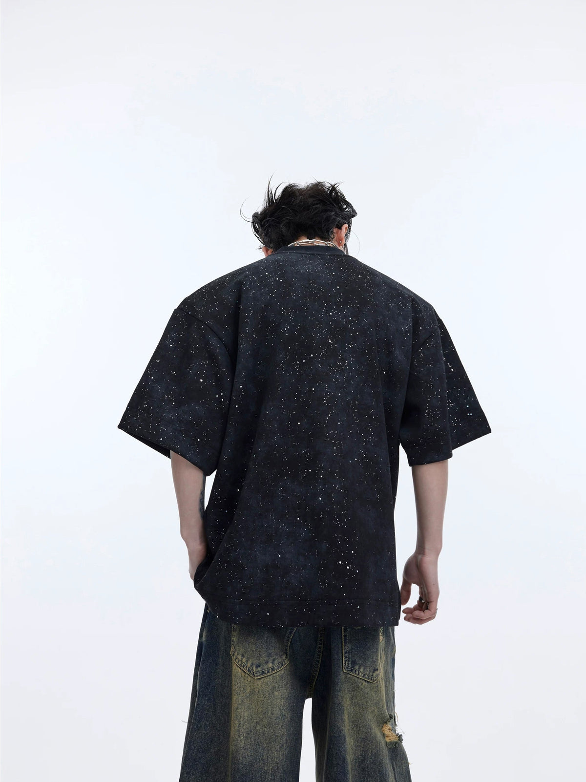 Shimmer Graphic Padded-Shoulder T-Shirt — Black — back