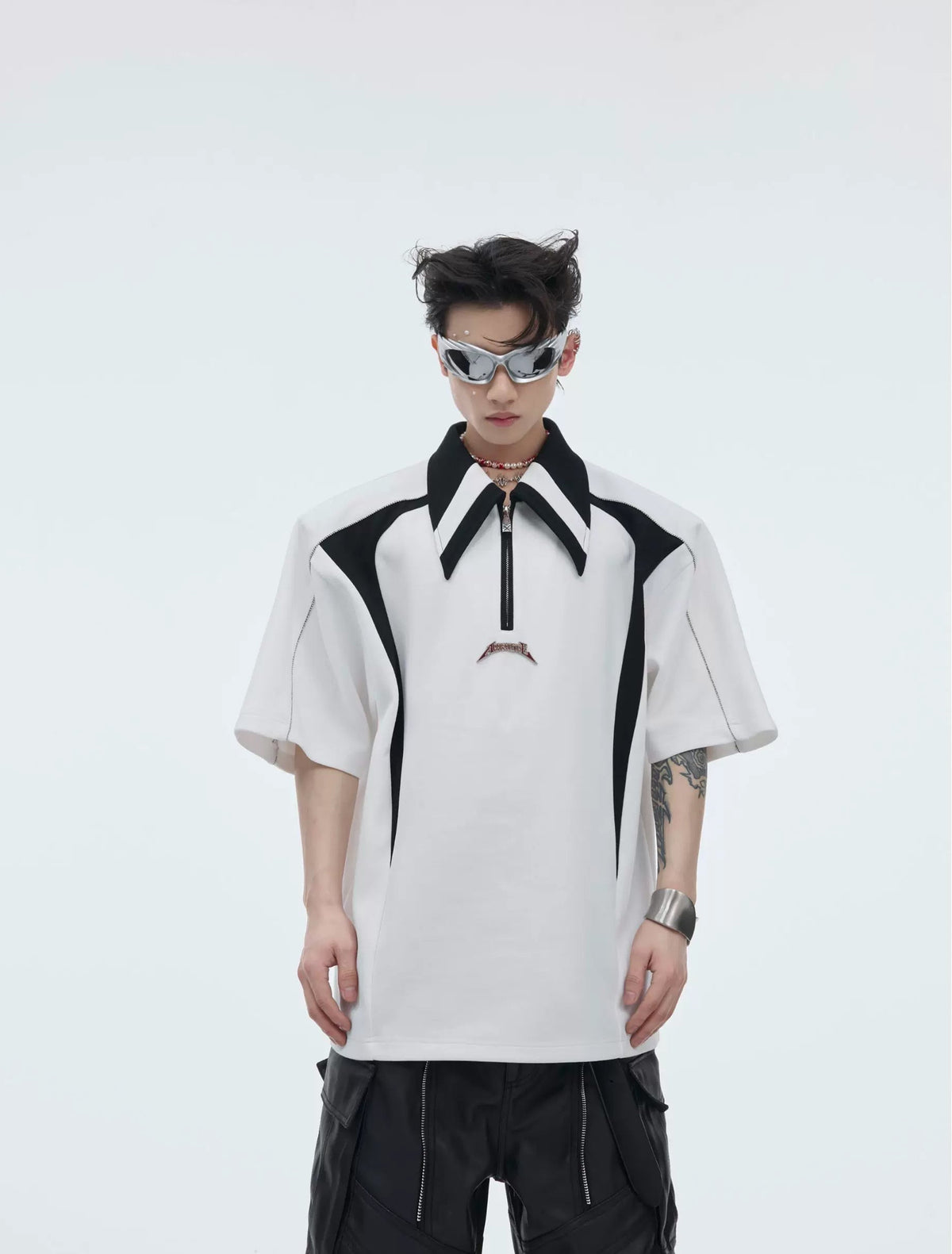 Contrast-Panel Padded-Shoulder Polo Shirt — White — styling view 1