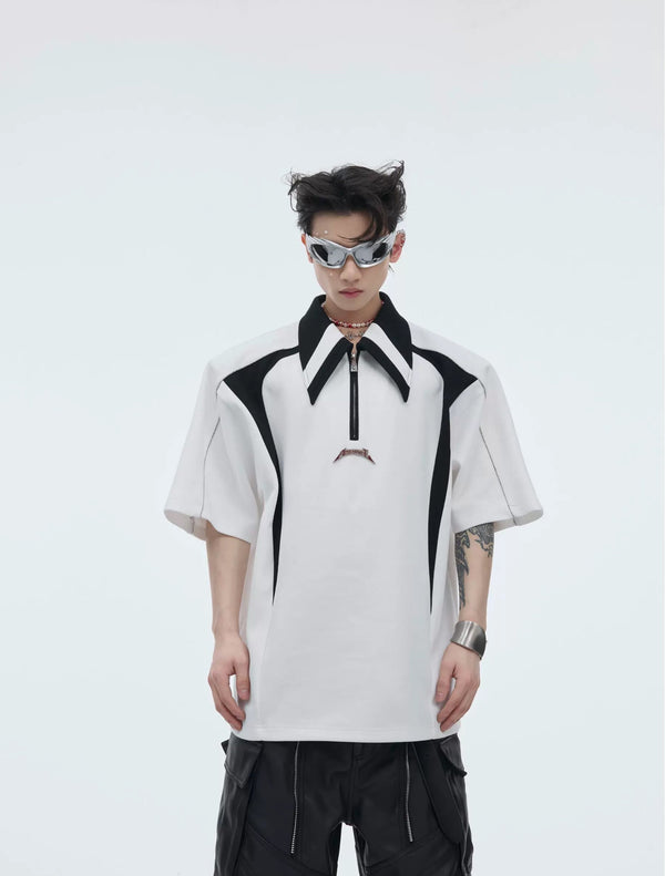 Contrast-Panel Padded-Shoulder Polo Shirt — White — styling view 1