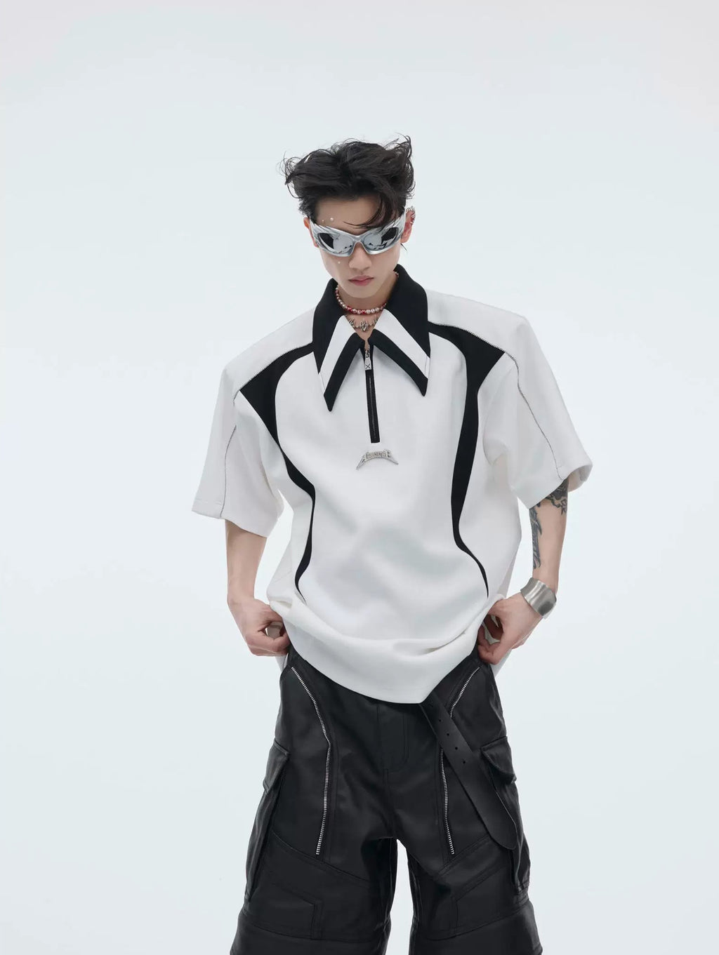 Contrast-Panel Padded-Shoulder Polo Shirt — White — styling view 2