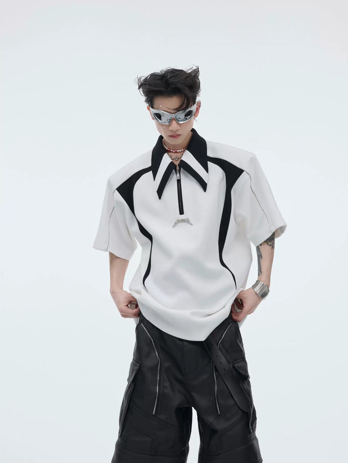 Contrast-Panel Padded-Shoulder Polo Shirt — White — styling view 2