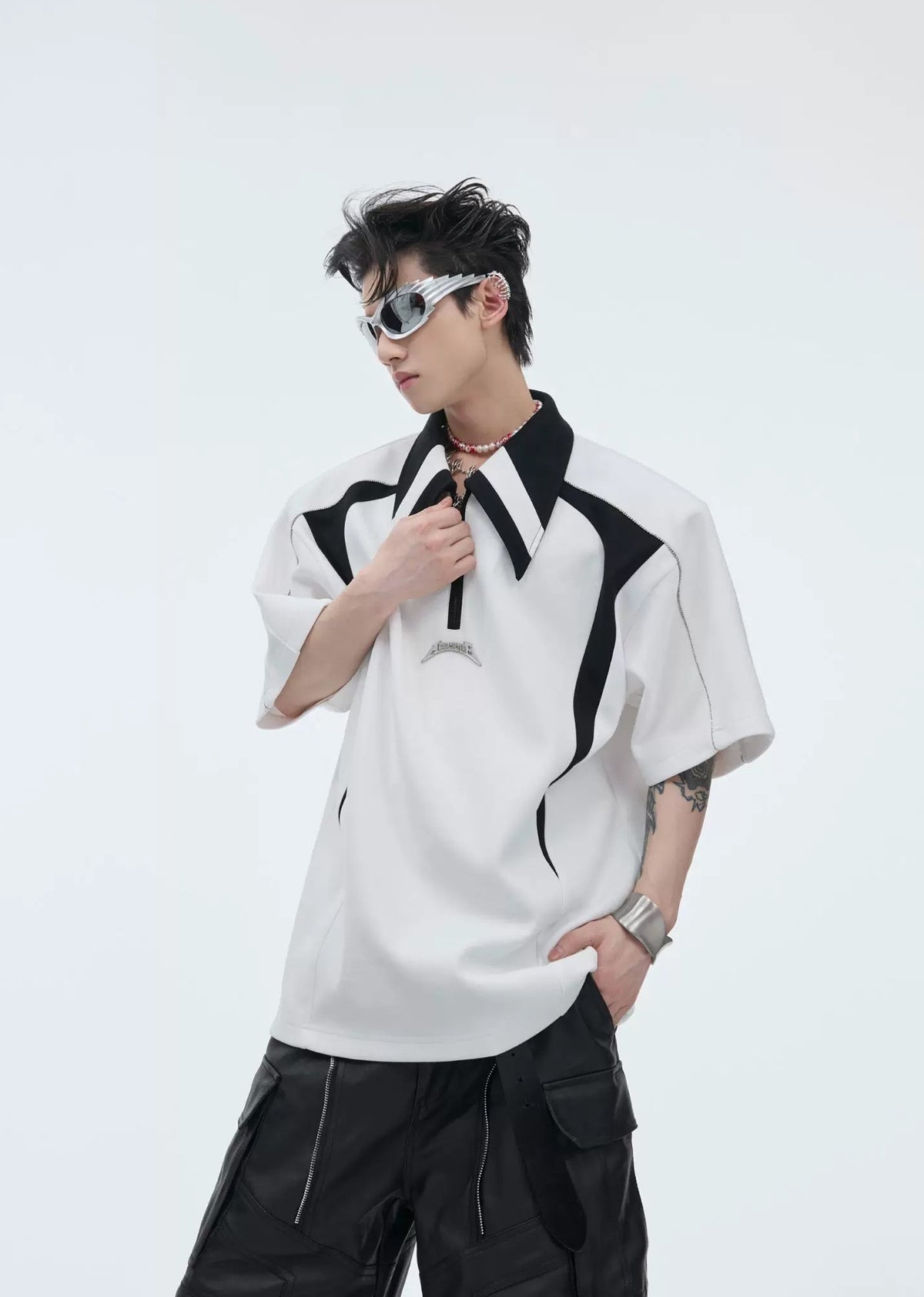 Contrast-Panel Padded-Shoulder Polo Shirt — White — styling view 4
