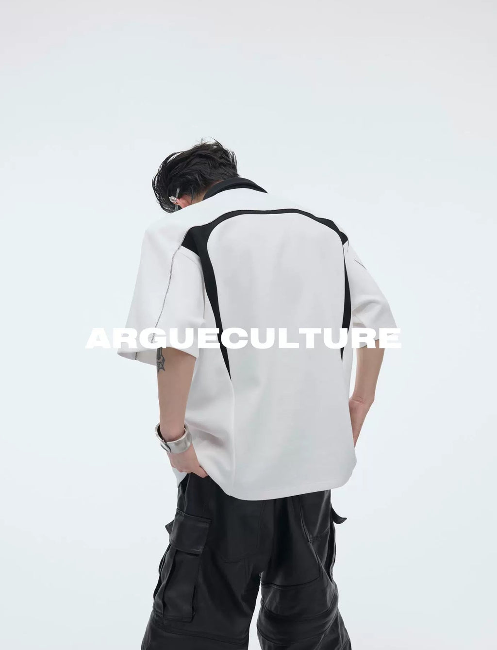 Contrast-Panel Padded-Shoulder Polo Shirt — White — back