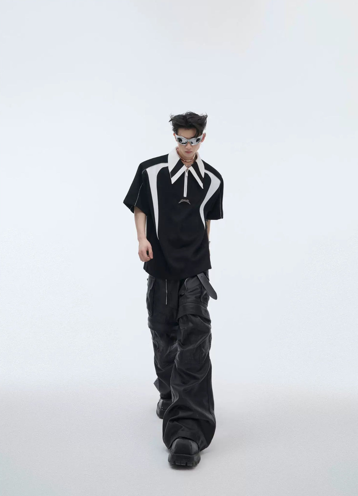 Contrast-Panel Padded-Shoulder Polo Shirt — Black — styling view 3