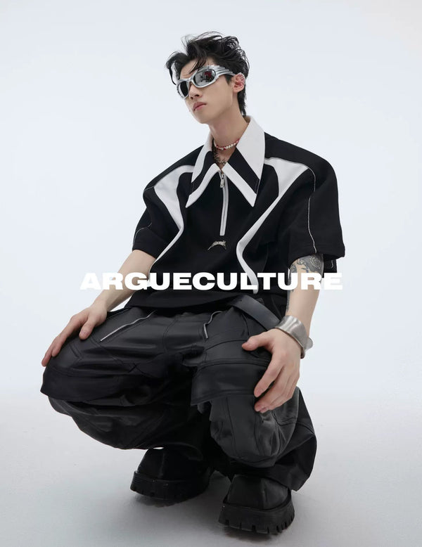 Contrast-Panel Padded-Shoulder Polo Shirt — Black — styling view 5