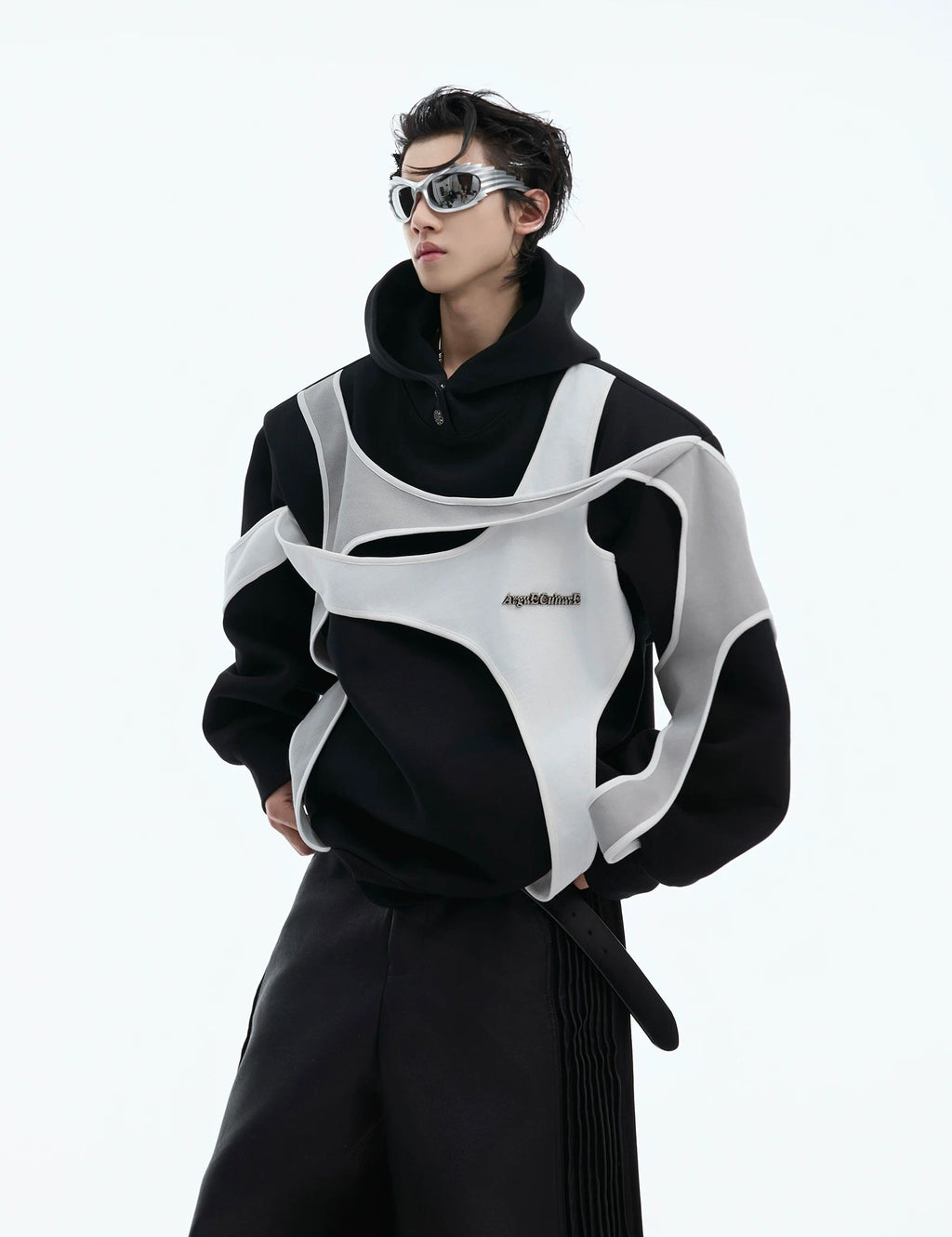Layered Tie-Detail Padded-Shoulder T-Shirt — Black — styling view 3