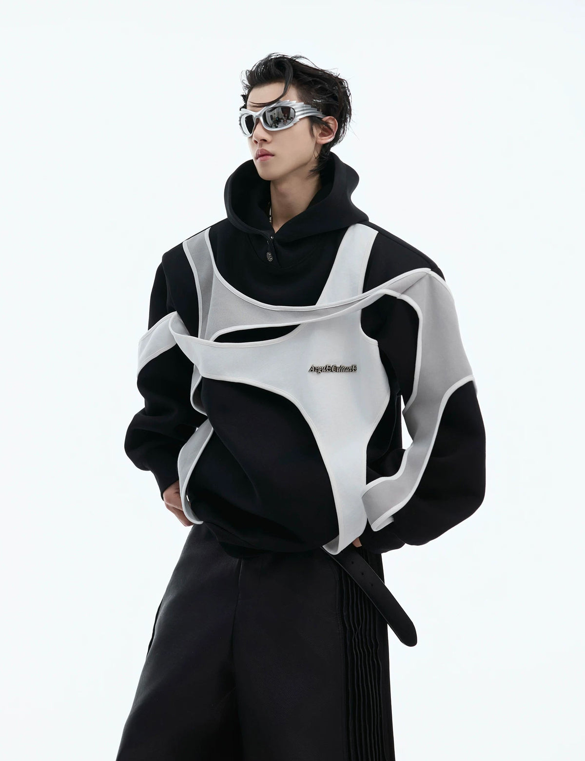 Layered Tie-Detail Padded-Shoulder T-Shirt — Black — styling view 3